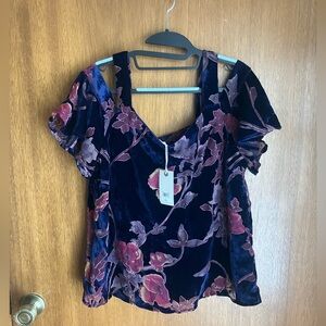 NWTVelvet Burnout Whimsigoth Off Shoulder Large Lucky Brand Top Navy/Purple/Pink